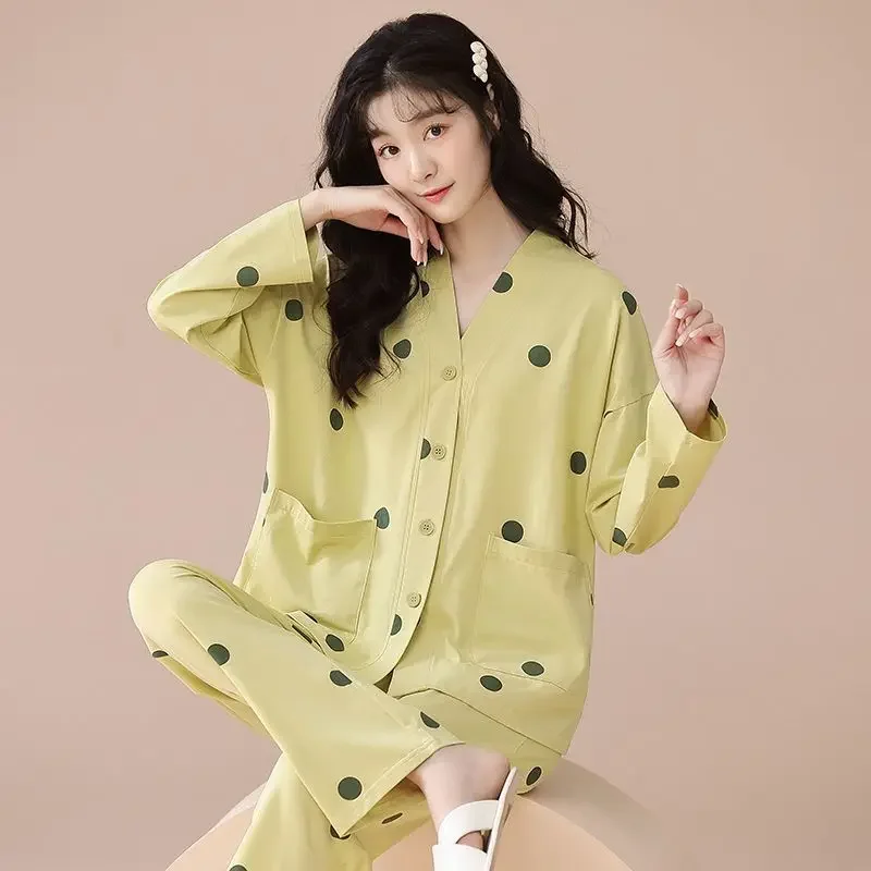 Pyjamas Women 100% cotton 2025 New Pajamas Women's Spring and Autumn Long-sleeved Sweet Fashion Cardigan V-neck Loungewear Set
