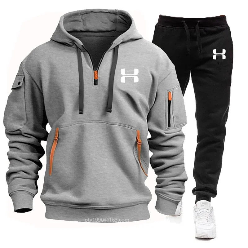 Herfst en winter nieuwe heren multi-pocket rits mode hooded lange mouwen hoodie + casual broek 2-delig fitness joggingpak