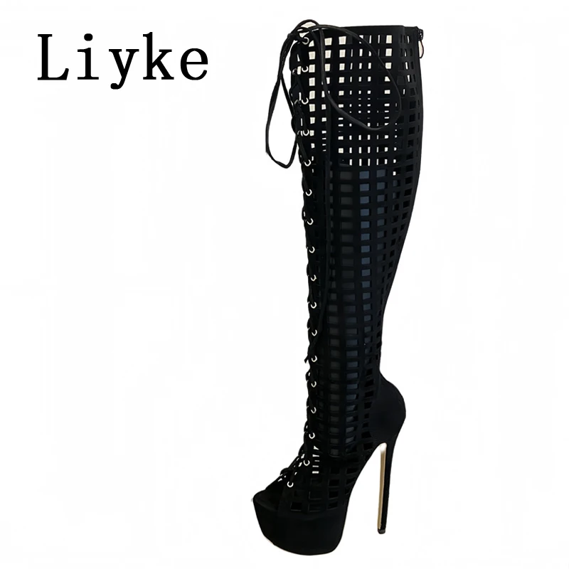 

Liyke Fashion Hollow Out Cross Strap Over The Knee Boots Women Zip Sexy Peep Toe Platform Heels Shoes Female Thigh High Booties