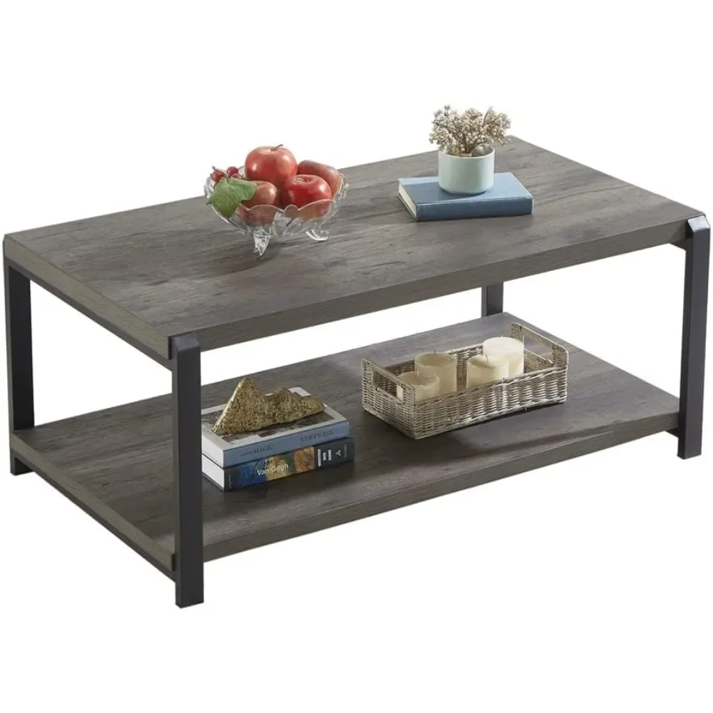 Coffee Table with Storage Shelf, Rustic Wood and Metal Cocktail Table for Living Room, Grey, Suitable for Living Room