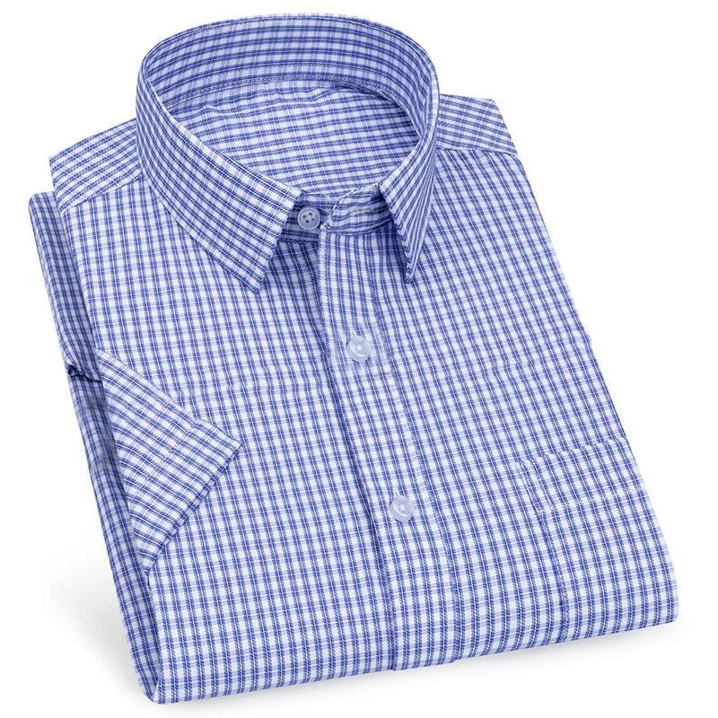 Mens Business Casual Short Sleeved Shirt Classic Striped Checked Male Social Dress Shirts Purple Blue 6XL Plus Large Size