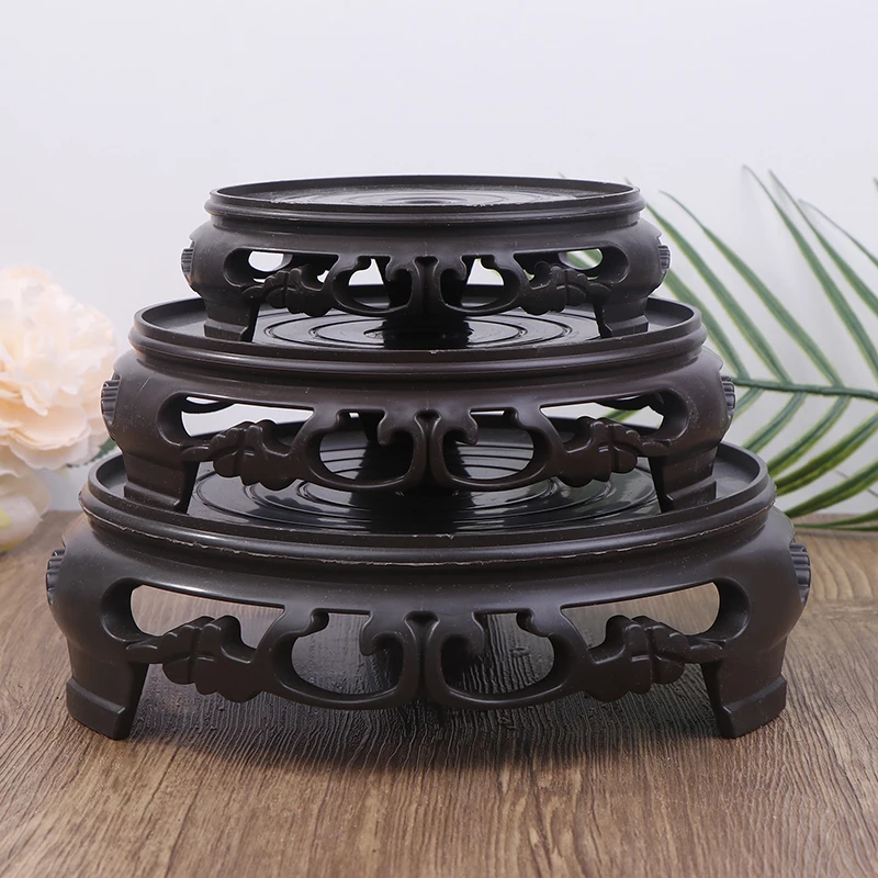 Deep Brown Carving Wooden Look Plastic Base Tray Flowerpot Holder Round Square Multi-Functional Teapot Vase Fish Tank Base