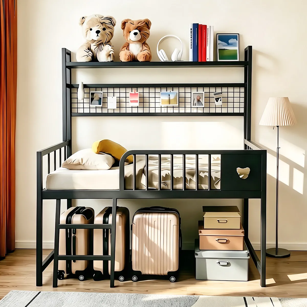 Wrought iron elevated bed Household children's bed Empty storage under the Space-saving overhead two-layer Small apartme