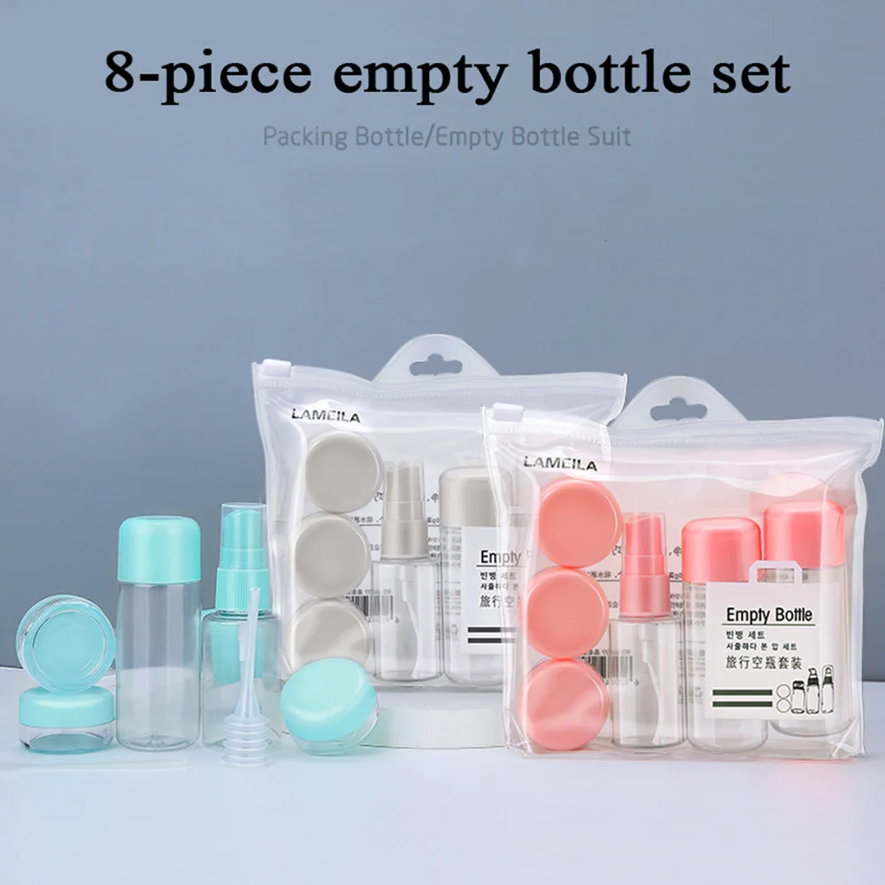 8pcs/set Portable Travel Refillable Empty Bottle Set Spray Bottle Lotion Shampoo Shower Tube Bottling Face Cream Pot Container