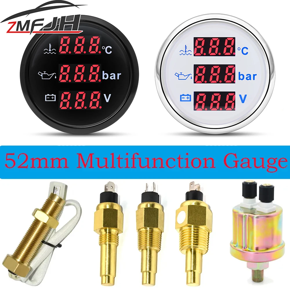 A Waterproof Multifunction Gauge 52mm 3 IN 1 Gauge Tachometer Oil Pressure Fuel Level Voltage Meter Sensor With Red LED 12V/24V