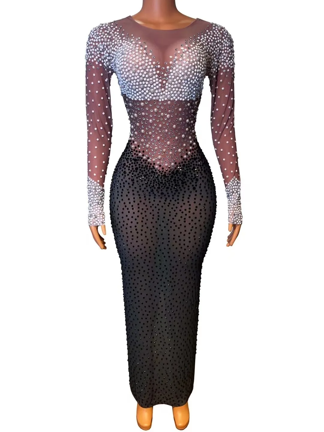 New Shiny White Pearls Black Stones MESH Costume Birthday Celebrate Long Train Dress Prom Party Stage Wear Female Singer Dresses