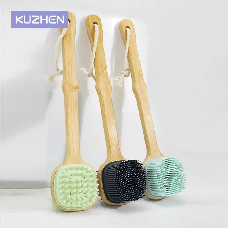 Houten Lange Steel Siliconen Badborstel Body Shower Scrubber Rugborstels Multifunctionele Massage Reiniging Scrubbers