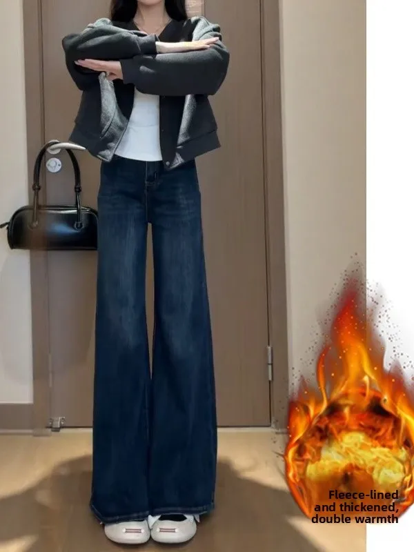 

Женские джинсы больших размеров с высокой талией, утепленные флисом, широкие прямые, свободного кроя, осенние