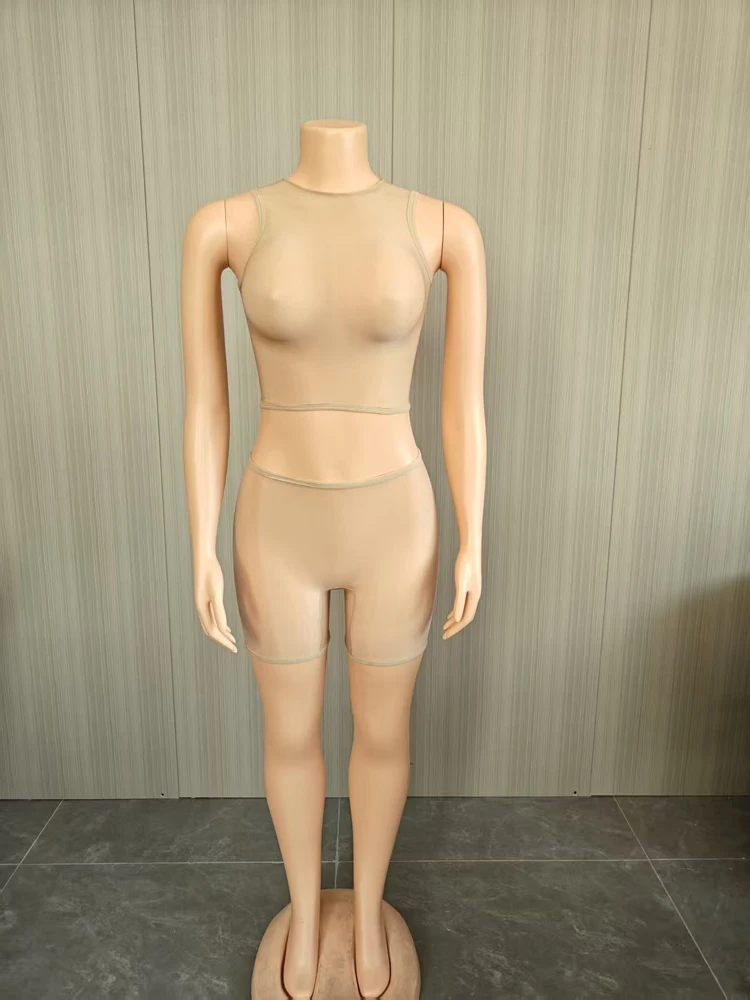 Damen 2-teiliges Mesh-Outfit, ärmelloses, durchsichtiges Crop-Top + Shorts-Set, sexy, durchsichtige, ärmellose, figurbetonte Clubwear, passende Sets – Detail 6
