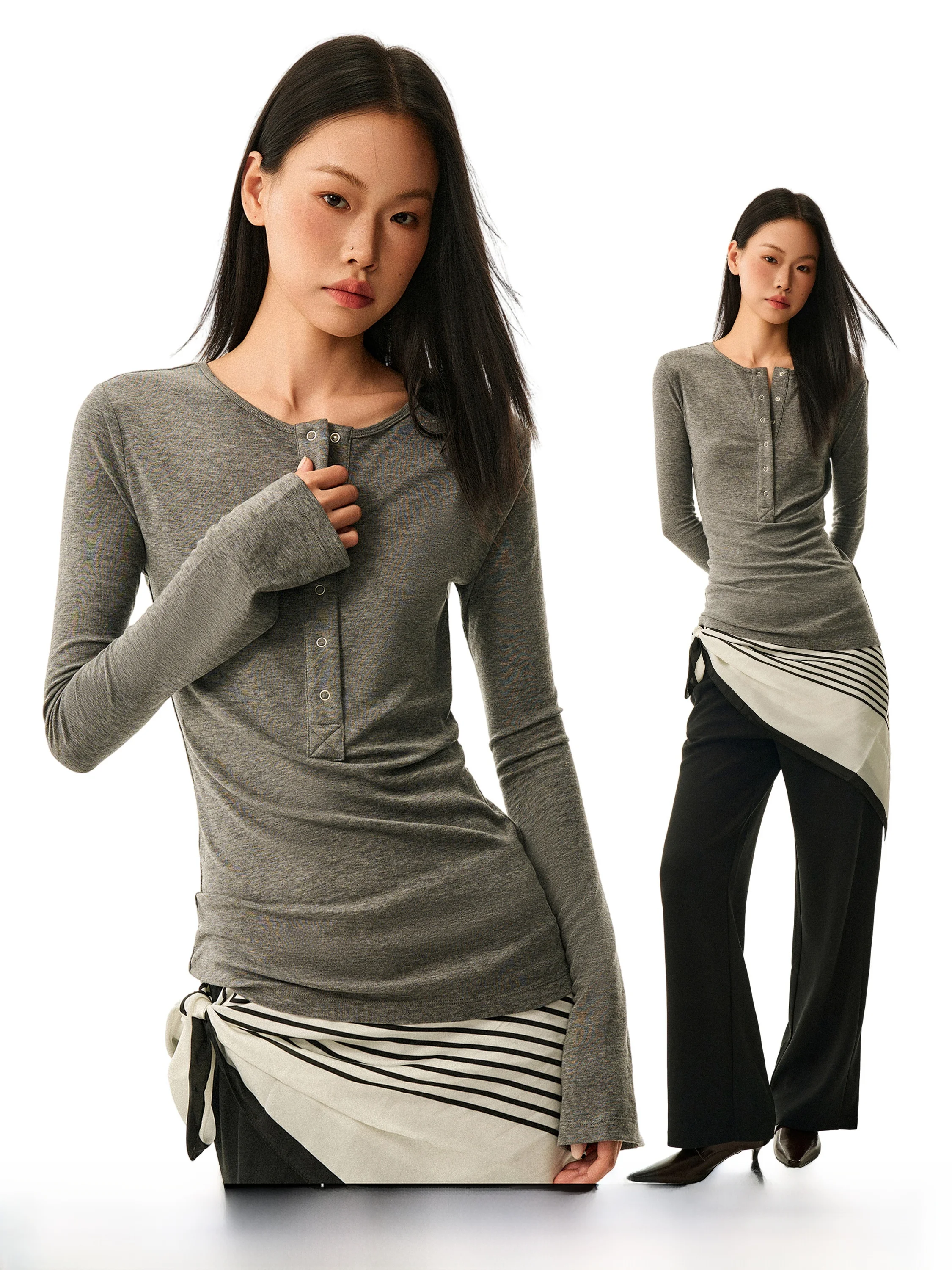 GoGo Burn Lyrca Grey Slim Fit Henry Collar Long Sleeve T-Shirt Women Loose Style Autumn New Fashion Slimming Top