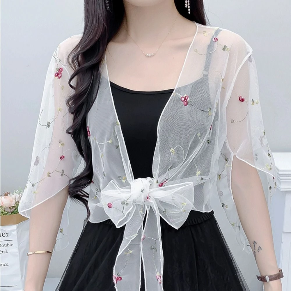 Embroidery Chiffon Small Shawl Jacket Flower Knot Chiffon Cardigan Shirt Loose Blouse Beachwear Sun Protection Cardigan Tops