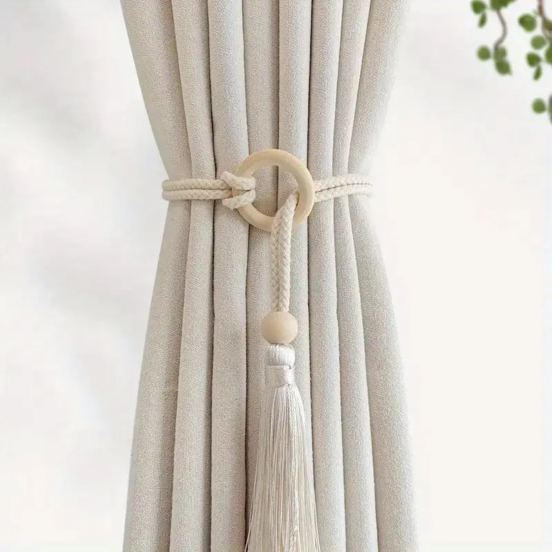 2pcs Bohemian Chic adjustable cotton cord curtain tie fringe - hand woven, log loop curtain buckle strap