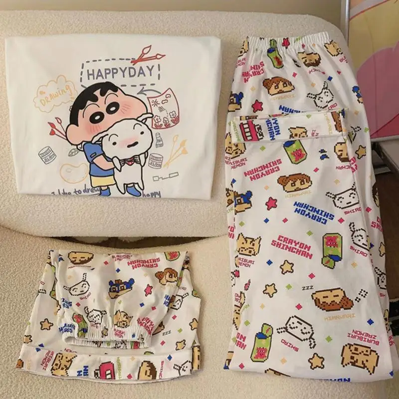 New Kawaii Cute Crayon Shin Chan Pajamas Three Piece Short Sleeve Sling Student Leisure Cartoon Anime Fashion Birthday Girl Gift