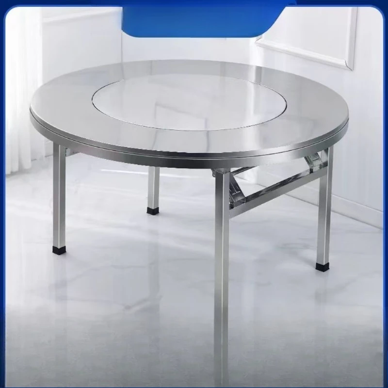 

Extra thick stainless steel folding table with inner turntable round countertop portable integrated household table dining table