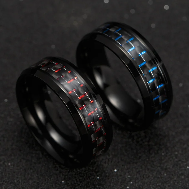 New Fashion Black Stainless Steel Dragon Rings For Men Women Inlaid Blue Carbon Fiber Men Rings Punk Wedding Band Jewelry Gifts