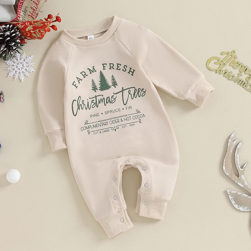 

Christmas Tree Pattern Long Sleeve Jumpsuit for Infants Crew Neck Romper Outfit for Baby Boys and Girls Holiday Clothes