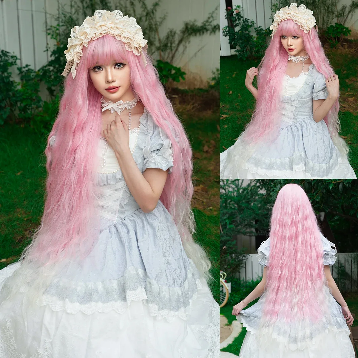 

NAMM Extra Long Sakura Pink Wigs For Women Daily Party Halloween Cosplay Synthetic Gradient White Curly Wig High Density 44 Inch