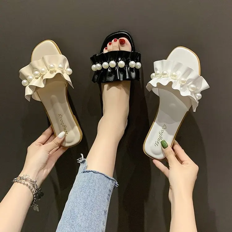 

Women Slides Faux Pearl Decor Ruffle Trim Sandals Open Toe Wear-resistant Flat Slippers Summer Sandy Beach Sandals Women Shoes