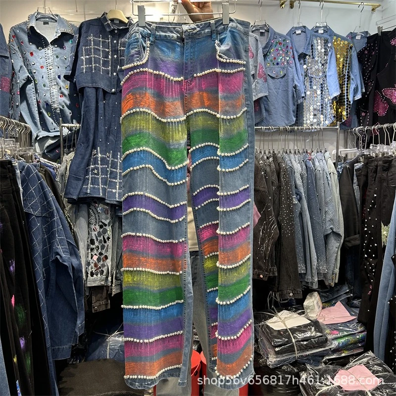 

Autumn New European Style Denim Pants Heavy Industry Beads Hand Painted Rainbow Versatile Jeans Wide Leg Cool Trousers Ladies