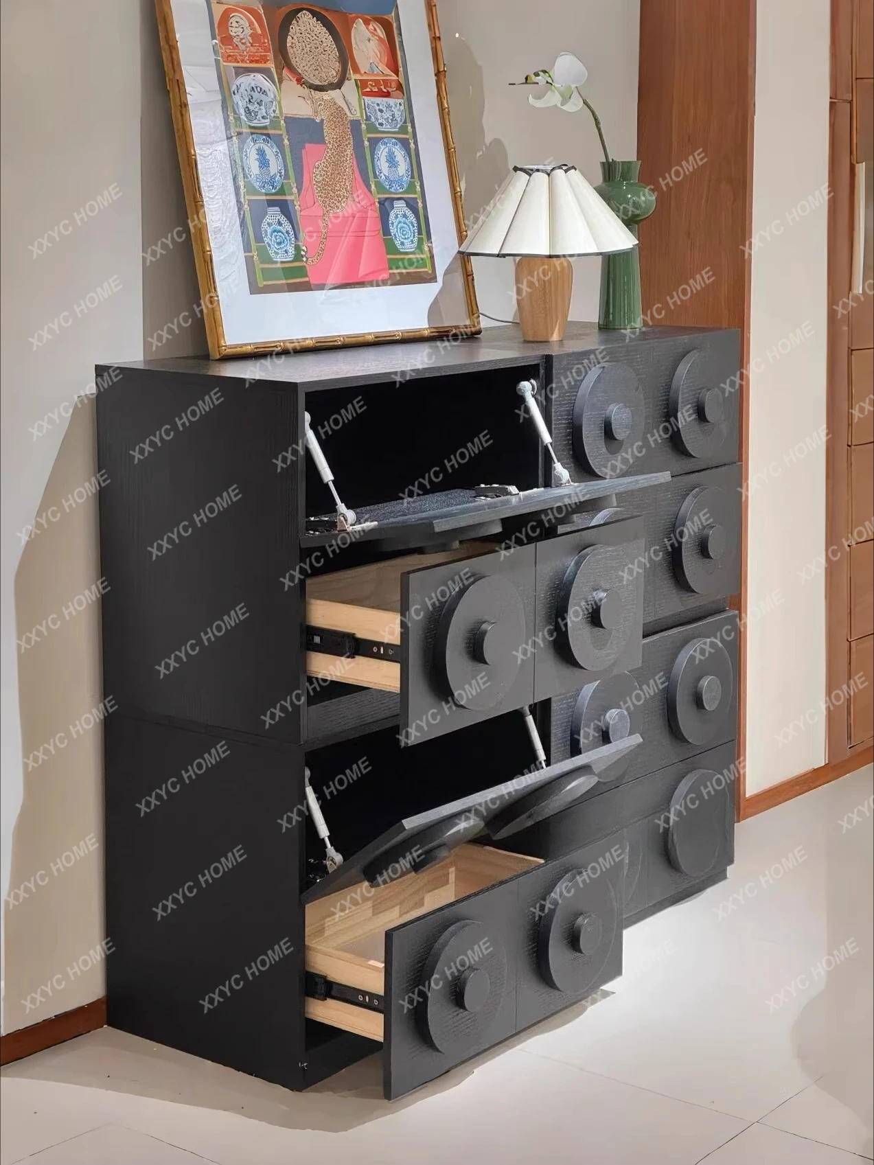 JModern minimalist black multi-drawer sideboard living room solid wood storage cabinet with geometric design