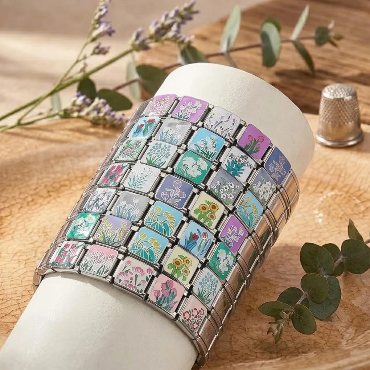 New Flower Pattern Italian Charm Bracelet Modular Stainless Steel Elastic DIY Bangle Handcrafted Jewelry Making Gifts Women