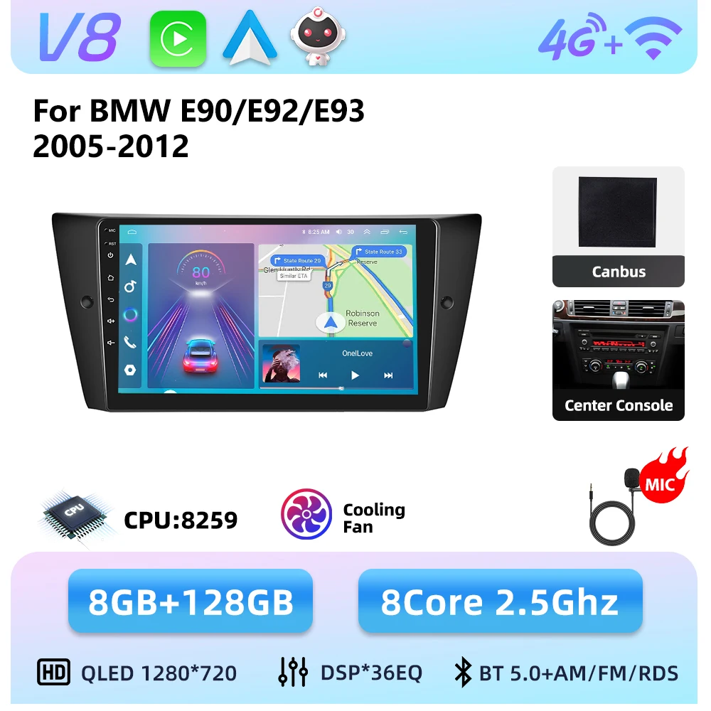 Podofo 8-core Android autoradio voor BMW E90/E92/E93 2005-2012 met draadloze Carplay, Android auto-audio, GPS-navigatie, 4G LTE en WIFI