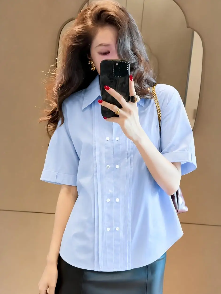 Women's Cotton Shirt Design Sense Pleated Loose Fit Turn-down Collar Summer New Style  Artistic Style Casual Top