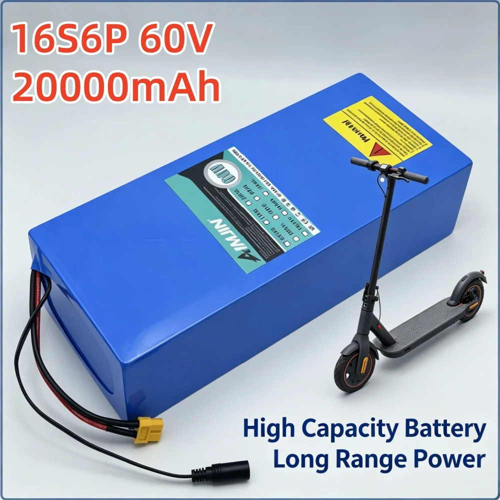 New 60V-20000mAh 18650 power rechargeable lithium battery pack 16S6P suitable for 250-3000W 50ABMS 67.2V 2A charger