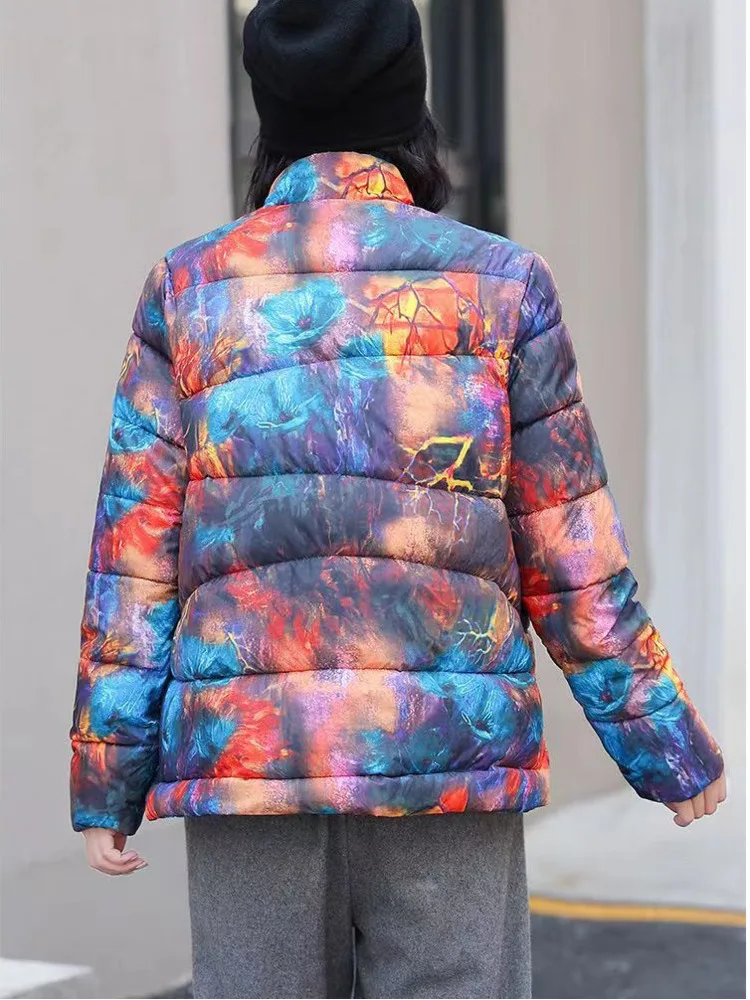 Ethnic Style Printed Warm Down Cotton Jacket For Women In Winter New Standing Collar Button Coat Loose Top Coat