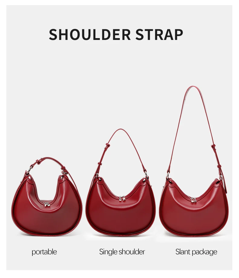 Echte Leder-Halbmond-Handtasche mit großer Kapazität, weich glänzende Umhängetasche, halbrunde Satteltasche, modisches Horn-Mond-Design. – Detail 4