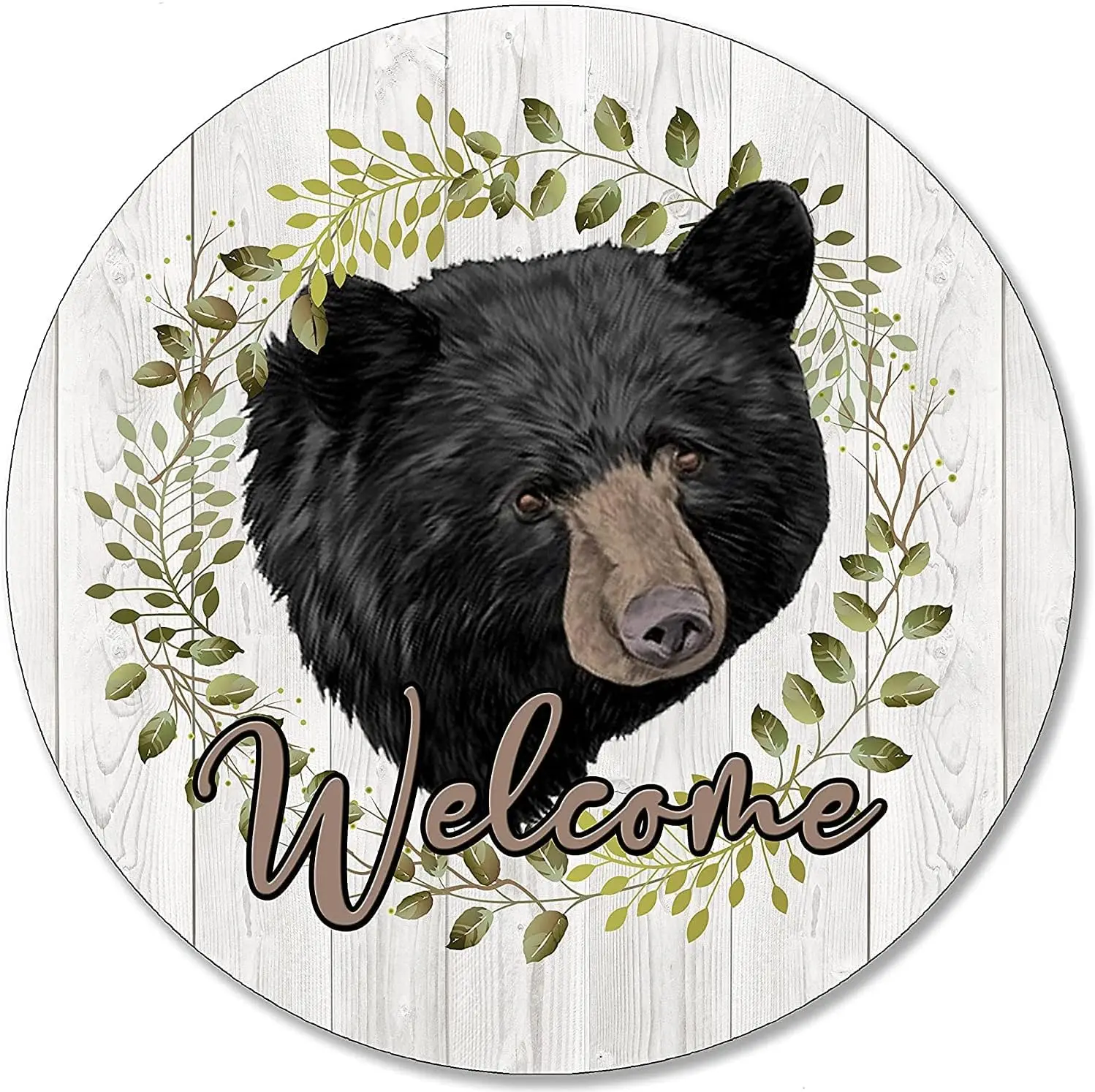 Round Metal Tin Sign Rustic Wall Decor Wood Wreath Making Sign Bear Black Wildlife Cabin Forest Woods Wilderness Rustic Welcome