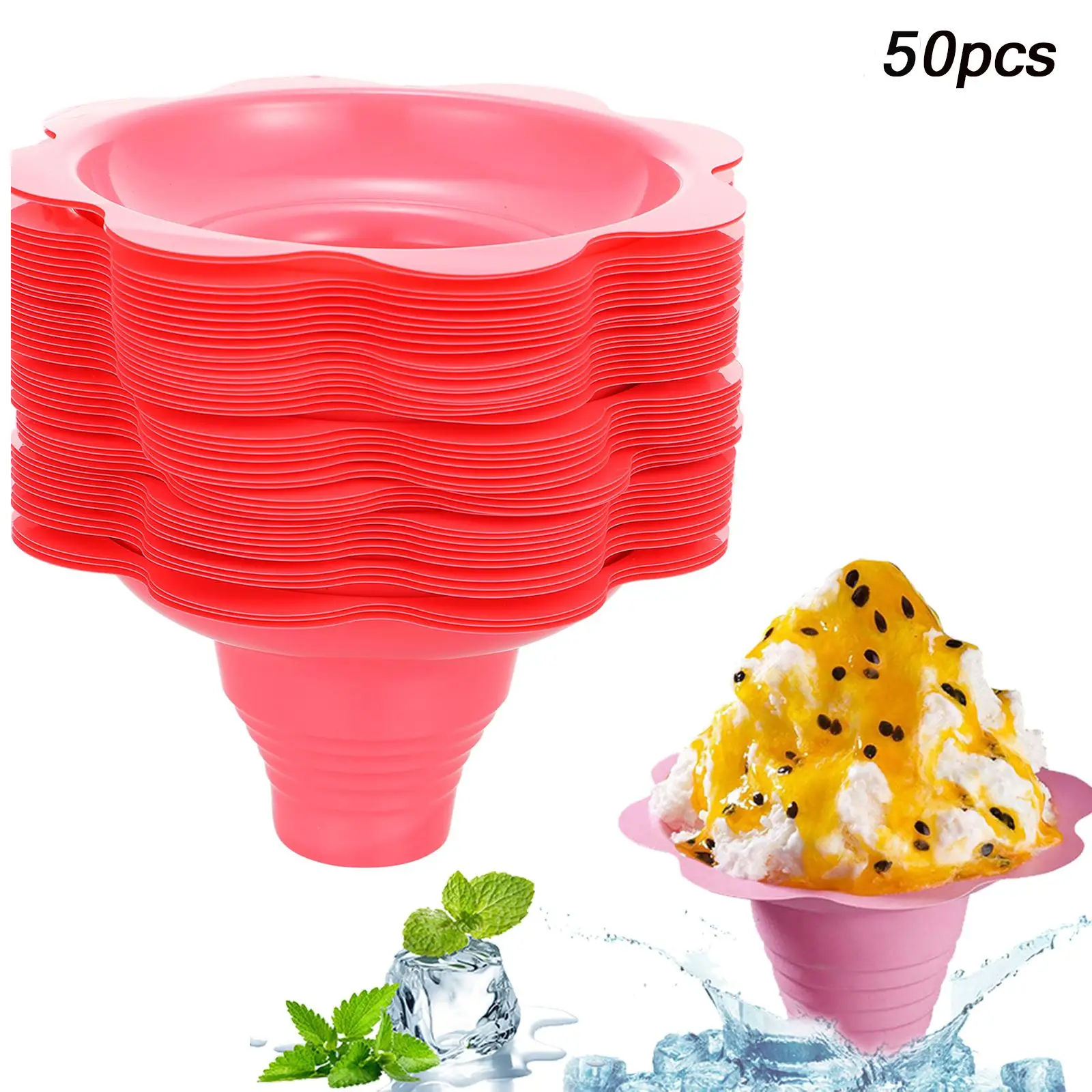 50pcs Disposable Yogurt Cups Snow Cone Cups For Ice Cream Smoothie Ice Cream Cup Shaved Ice Sand Ice Bowl Flower Snow Ice Cup