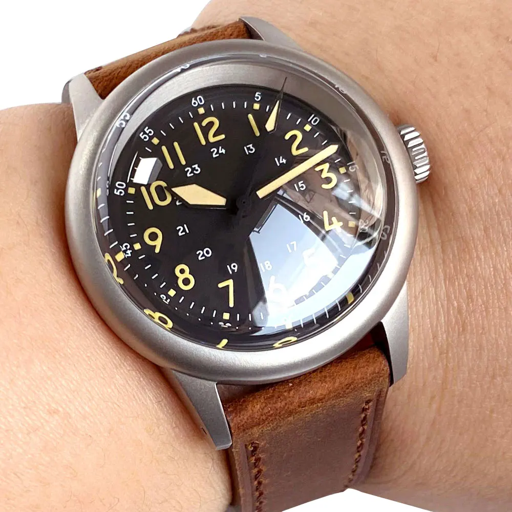 Tandorio preto 36mm estilo piloto NH35 PT5000 vidro de safira com cúpula dupla Senhora Homens Relógio Automático Luminoso 20ATM couro