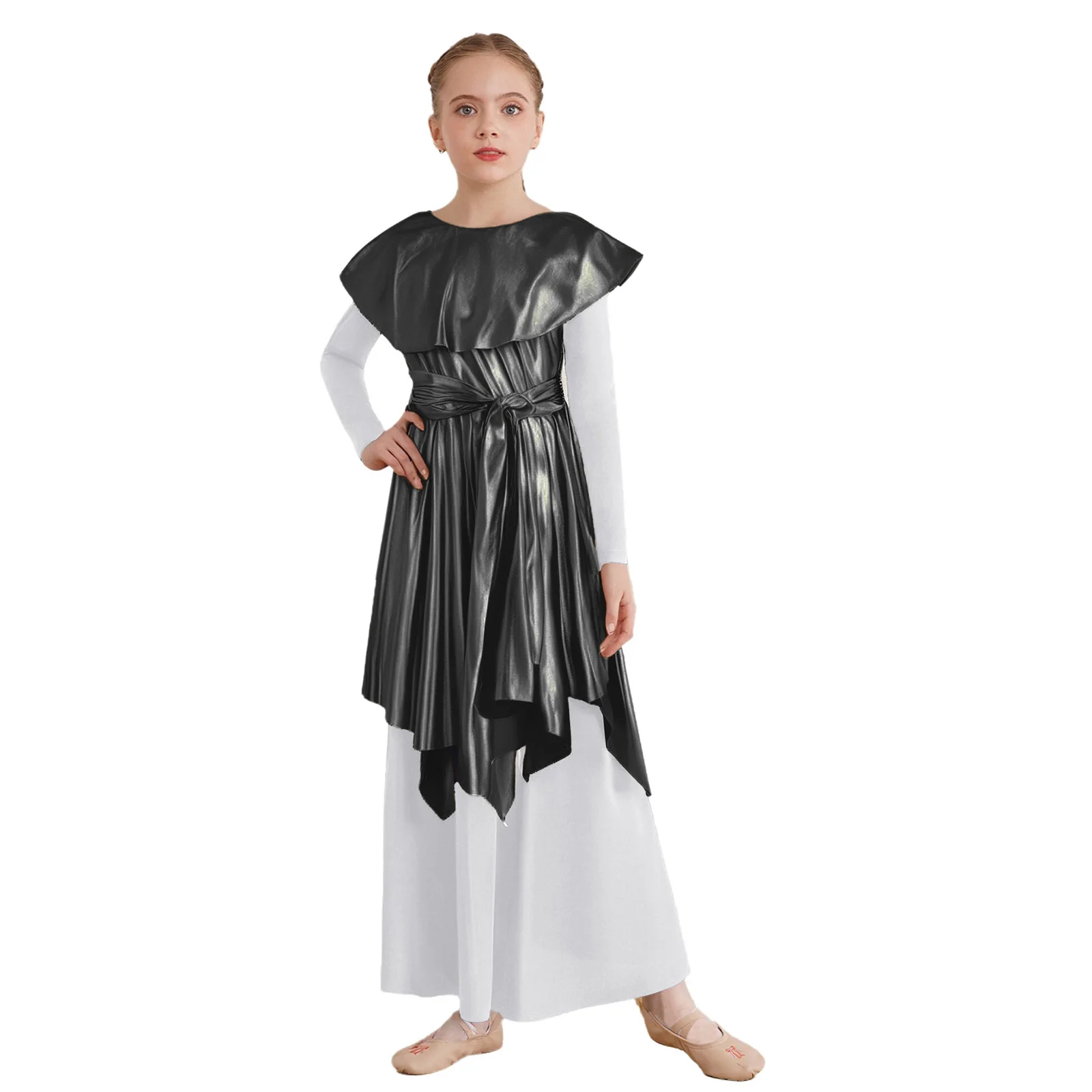 

Girls Lyrical Dance Dress Praise Worship Liturgical Dancewear Costume Metallic Tunic Dress for Church Choir Stage Performance
