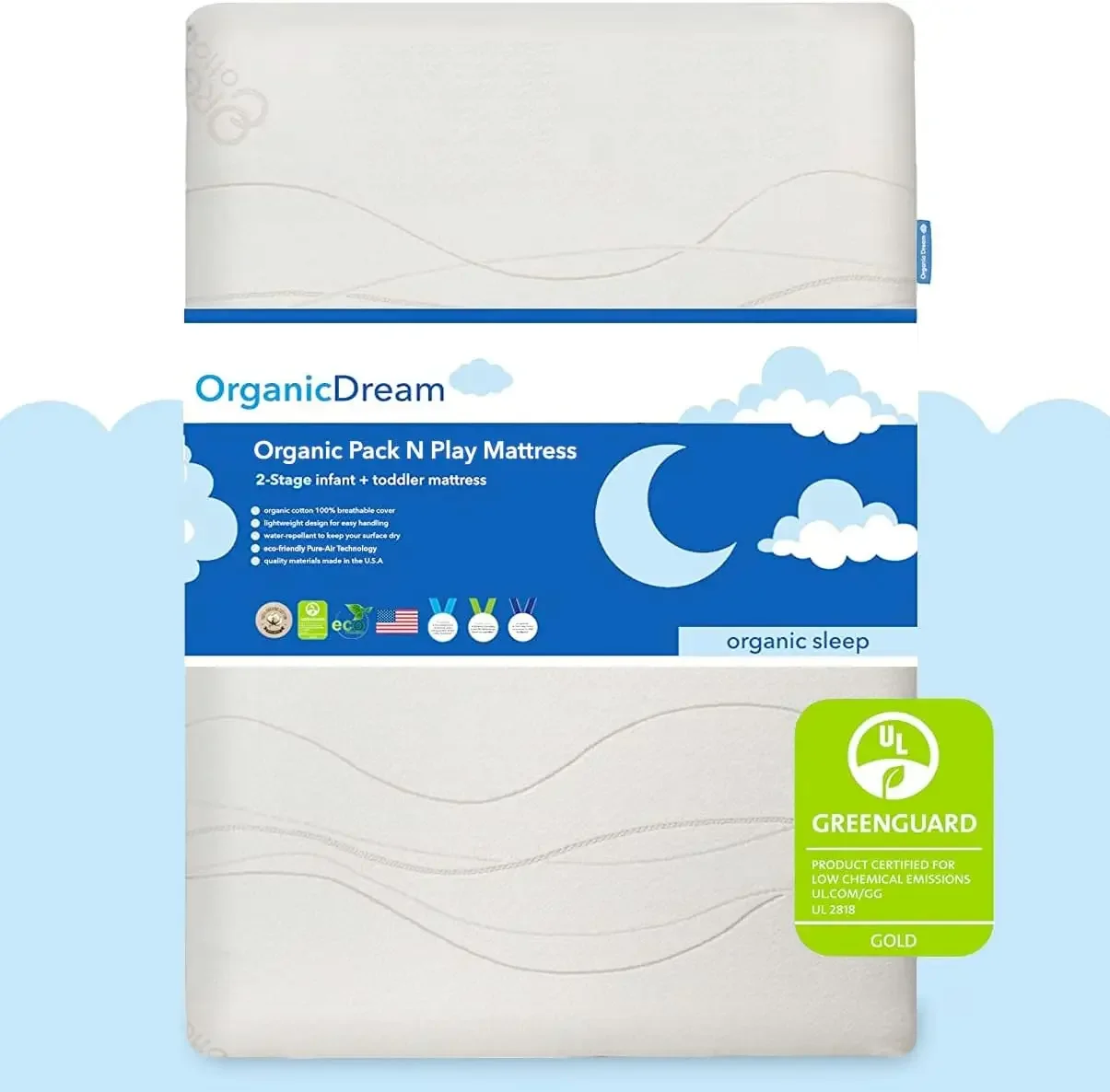 Dream Pack and Play Mattress [Dual-Sided] Firm Infant Side  Memory Foam Toddler Side  Plush 100% Organic Cover  Fits Most