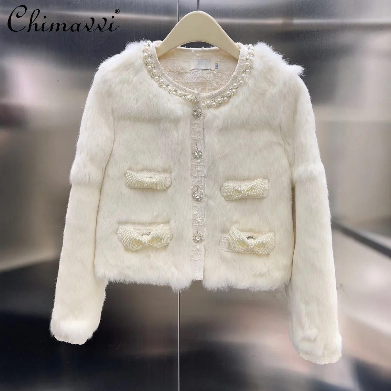 Abrigo de piel de conejo de un solo pecho para mujer, chaquetas francesas elegantes de alta sociedad, industria pesada, lazo con cuentas, cuello redondo, manga larga, invierno