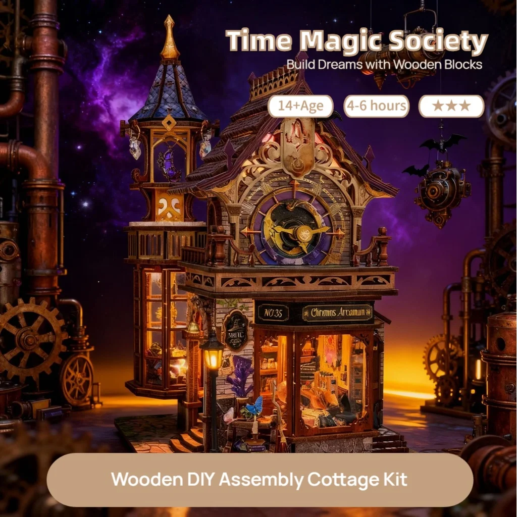 

OUZEY 3D Wooden Dollhouse DIY Kit - "Magic Time Club" Miniature Model Puppet Theater Gift for Adults