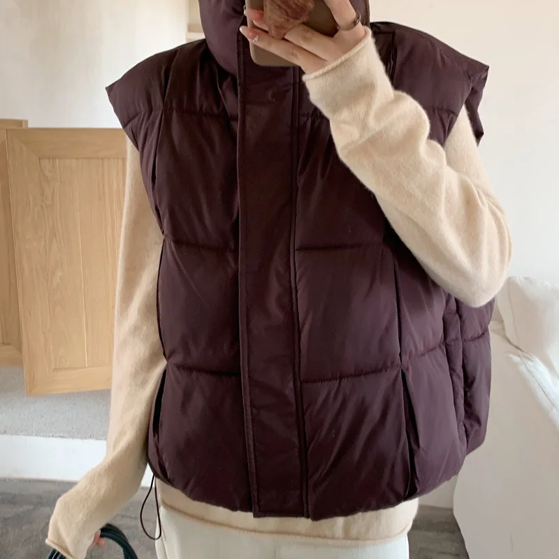 

Solid Women Parkas Vest Coat Oversize Jacket Sleeveless Stand Collar Drawstring Hem Zipper Thick Loose Casual Autumn Winter 2025