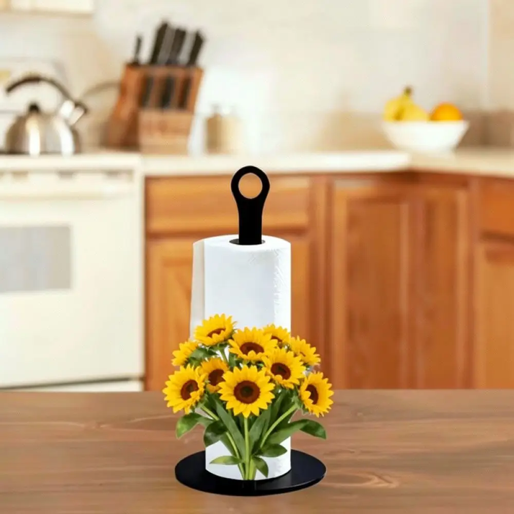 Sunflower Pattern Wood Paper Towel Stand Farmhouse Kitchen Napkin Organizer Desktop Tissue Decorative Storage Rack
