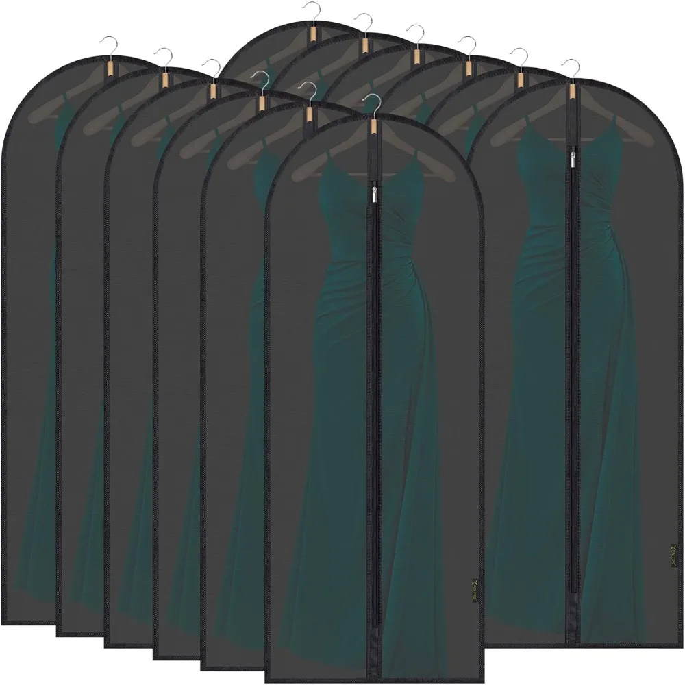 

60-Inch Translucent PEVA Garment Bags - 12 Pack for Dress, Suit, and Coat Storage (Black)