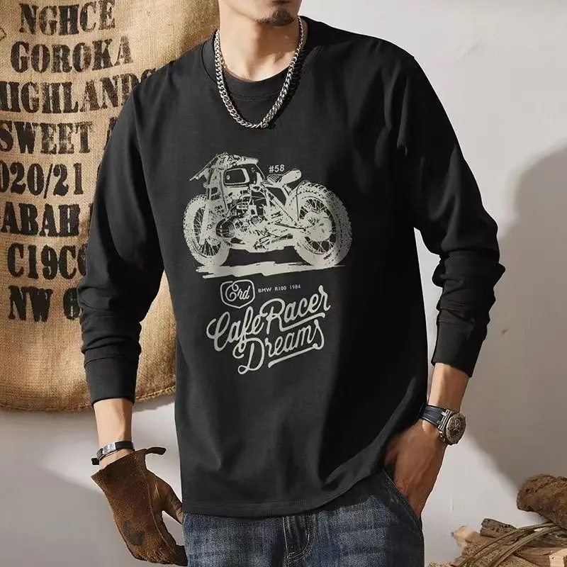 Men's Clothing Shirt Graphic Long Sleeve 100%Cotton Casual O-Neck Tees Race Car Moto Print Autumn Winter Luxury Designer Tshirt view 2