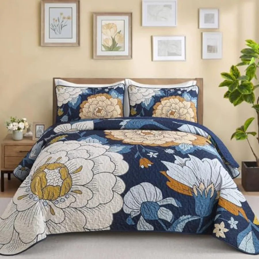 

Quilt Set Size Boho Bedspread Coverlet Set 3 Pcs Botanical Quilt Soft Microfiber Blue Bohemian Bedding Set with 2 Pillowcases f