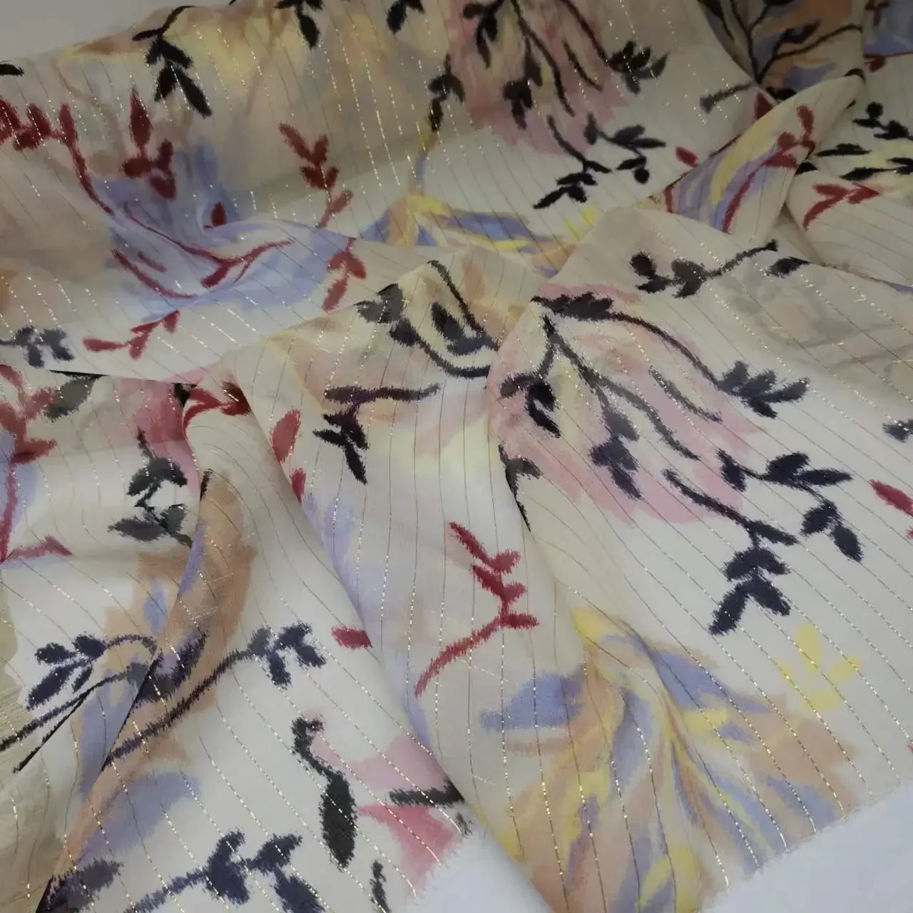 Flower Silk Crepe Fabric Natural Soft Metallic Jacquard Dress Scarf Material