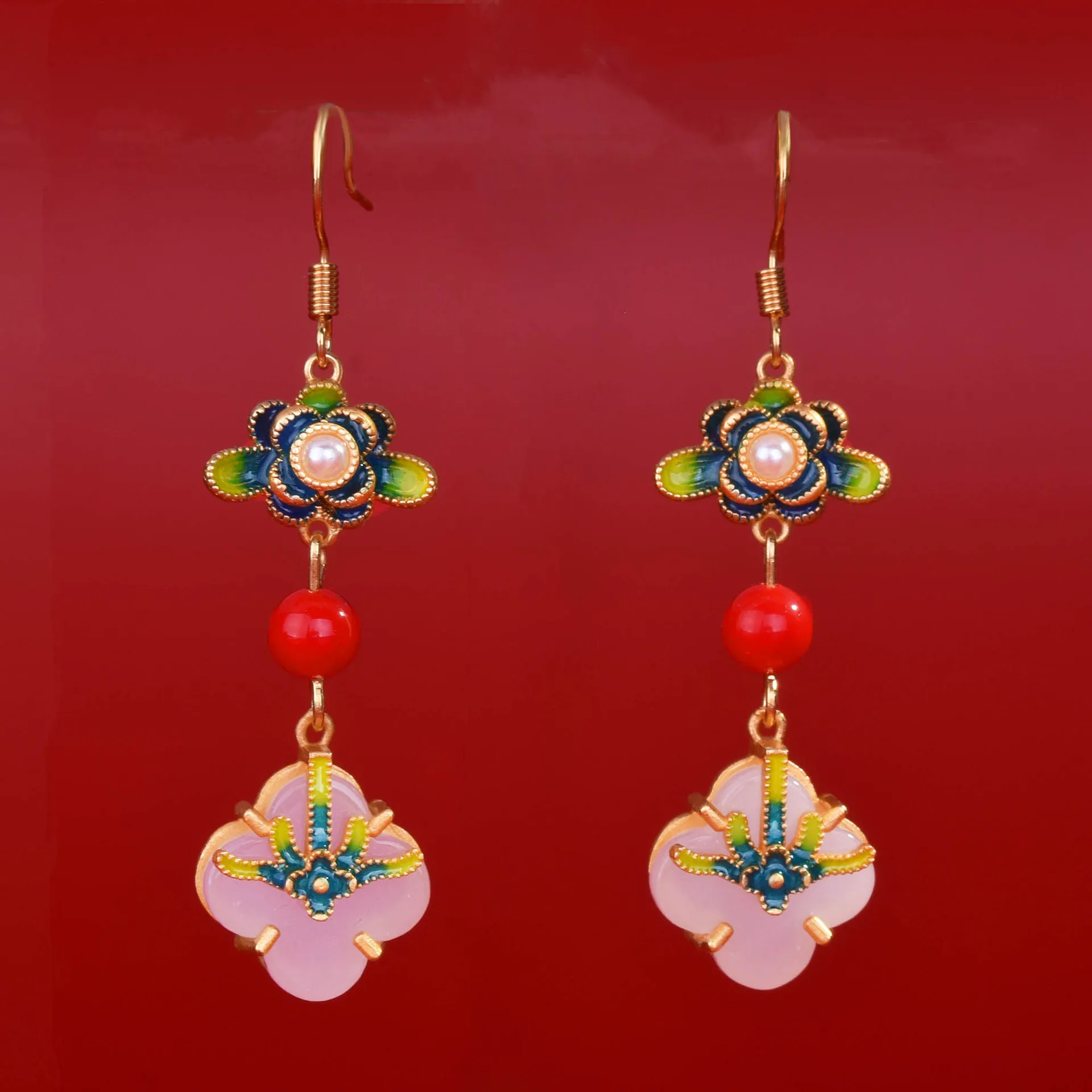 S925 Sterling Silver Stud Earrings Craft Painted Enamel Ornaments With Fringed Hetian Jade Elegant Classic Ear Jewelry For Women