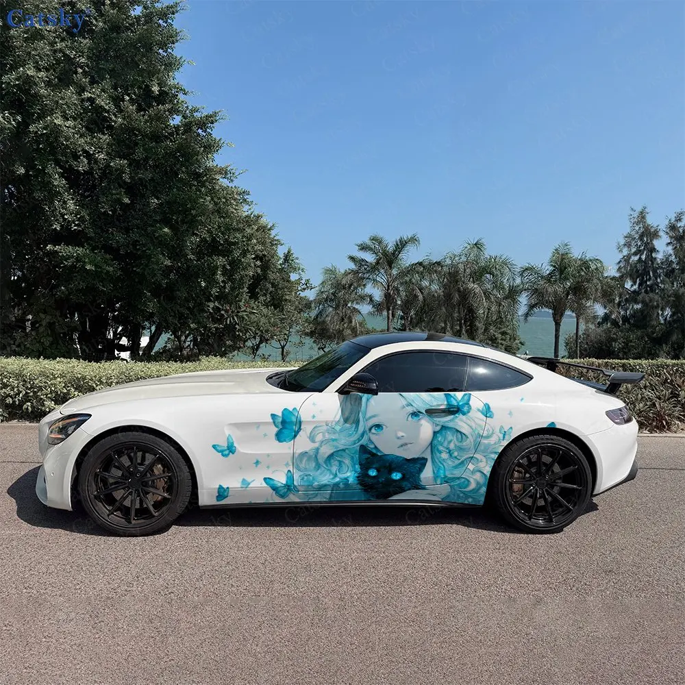 2pcs Dreamy Girl & Kitten Car Side Wraps, Self-Adhesive PVC Waterproof & Scratch-Resistant Stickers, Car Accessory Gift