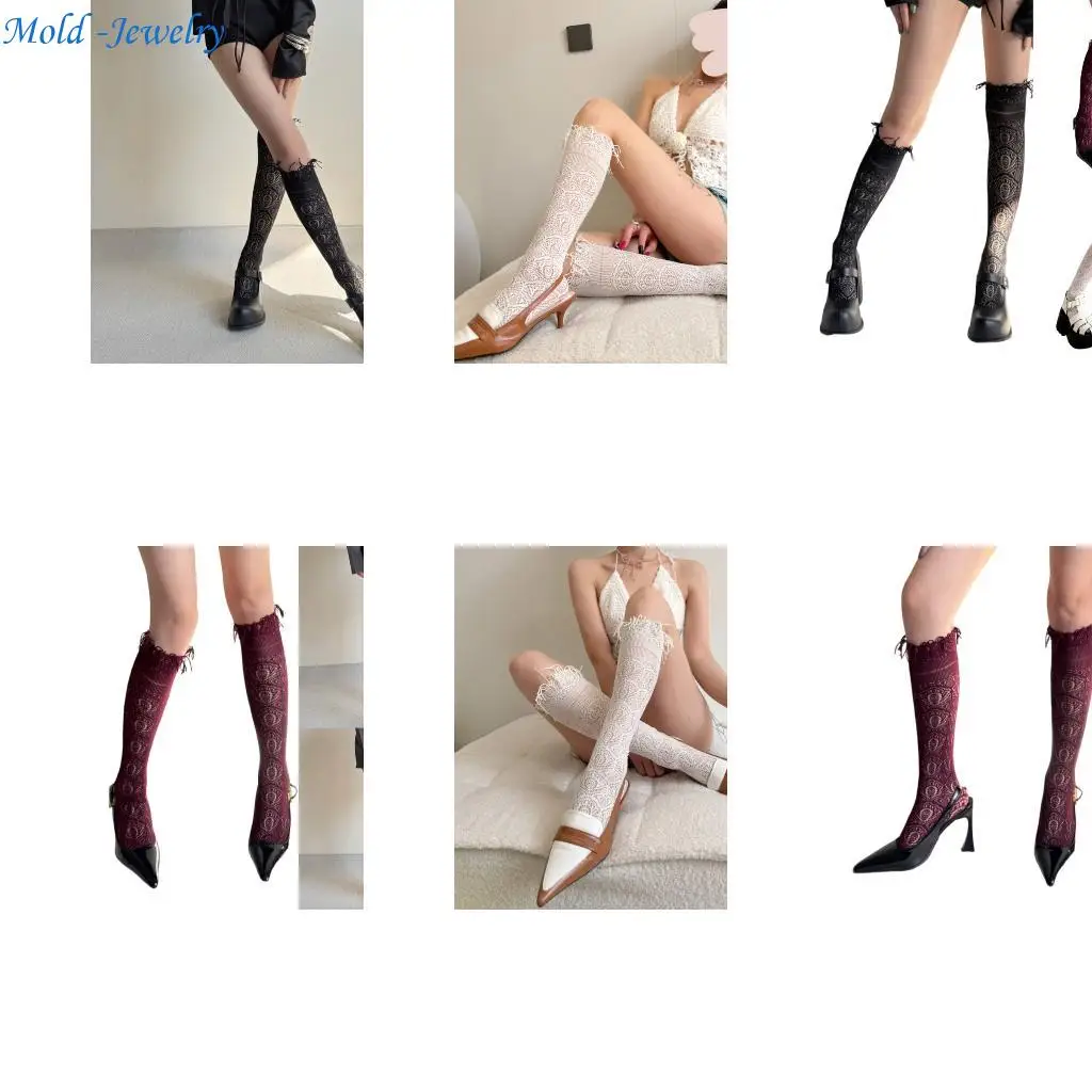 

69HB Breathable Floral Lace Over Calf Socks Solid Color Hollowout Tassels Long Socks
