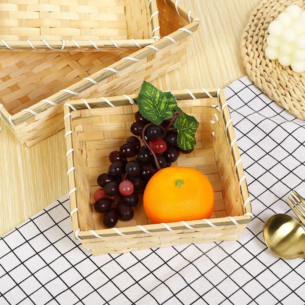 Simple Natural Color Bamboo Basket Rectangle Handmade Christmas Hamper Woven Wicker Bread Basket Home Shop Display