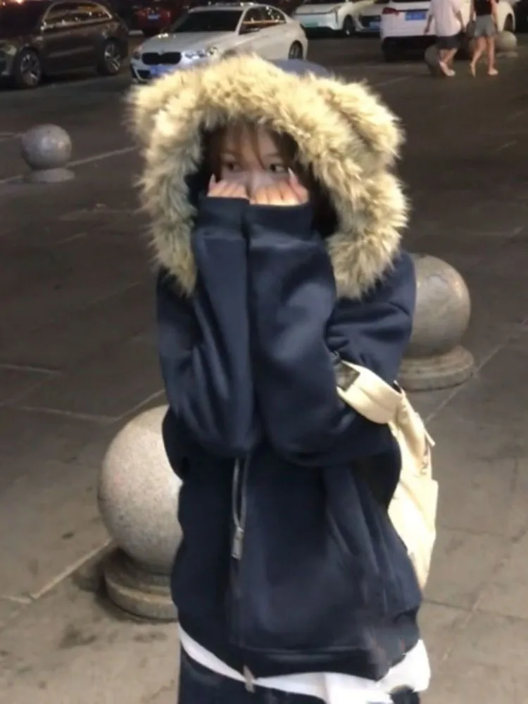 

Harajuku меховые лоскутные толстовки в стиле гранж женские в консервативном стиле с героями мультфильмов винтажные повседневные с капюшоном Y2k эстетическая свободная куртка-толстовка