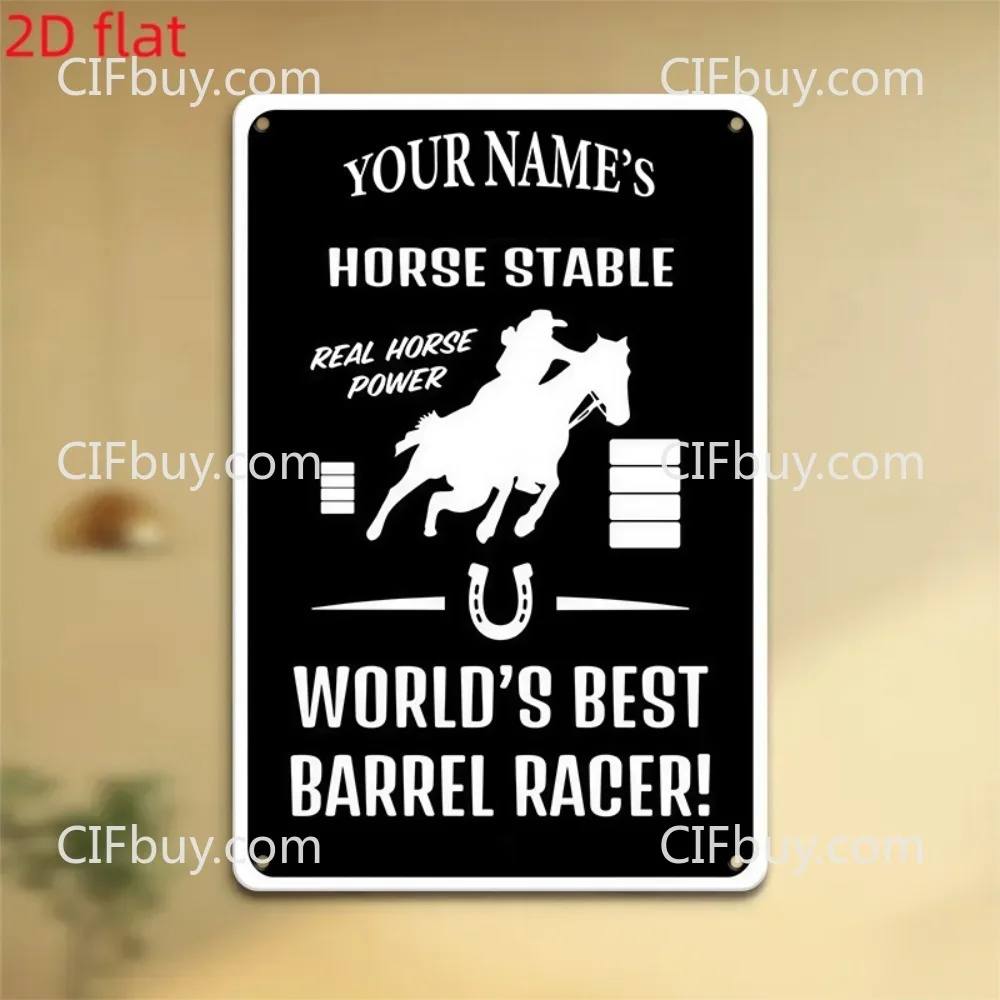 [2D Flat] 1pc Custom Name Horse Stable Metal Sign Barrel Racing Rider Horseshoe Farm Barn Wall Decor