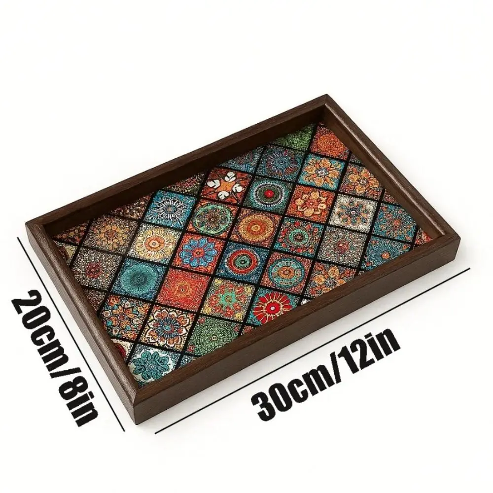 1pc Durable Bohemian Style Wooden Tray Handmade Square Snack Tray Key Storage Box for Desktop Foyer Decoration Home Storage